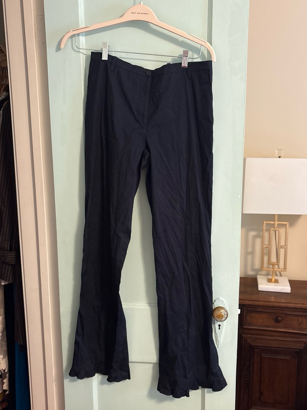Prada Navy Flared Ruffle-Hem Trousers